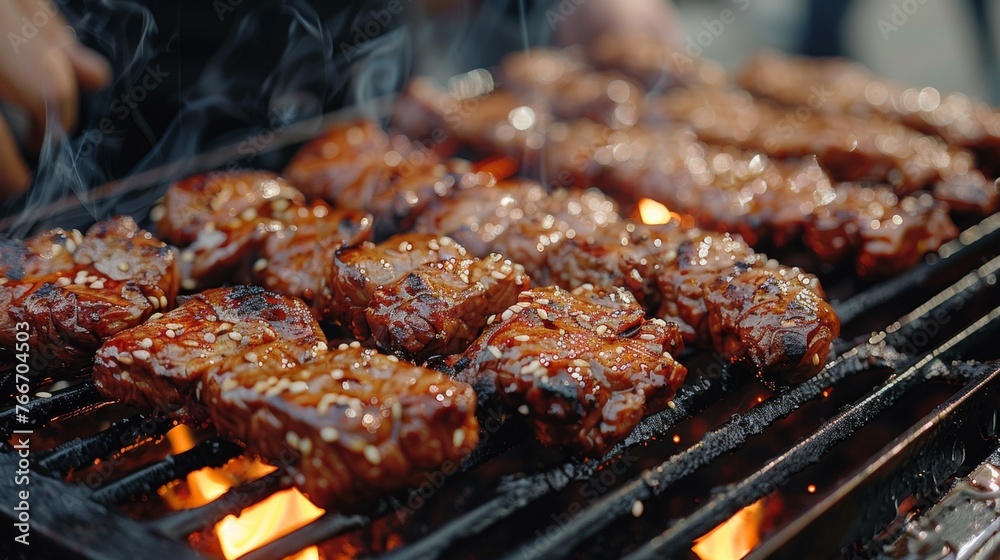 A close up of a grill with meat on it cooking, AI