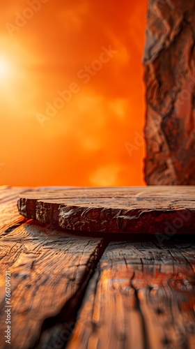 empty wooden table , platform with orange , dark brown background, space for text, product display scene , for advertising and poster , product presentation 