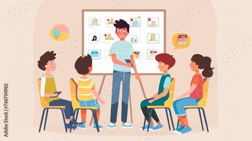 A boy standing in front of a poster board with pictures of different hotels and their amenities. He is explaining the pros and cons of each option to his family who are sitting