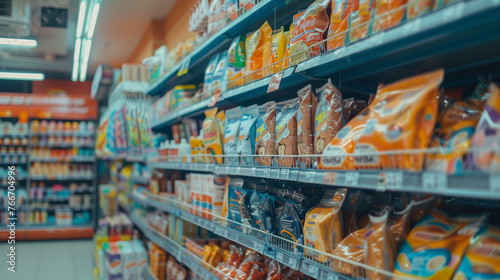 food products/snacks on the shelves in the convenience store/supermarket