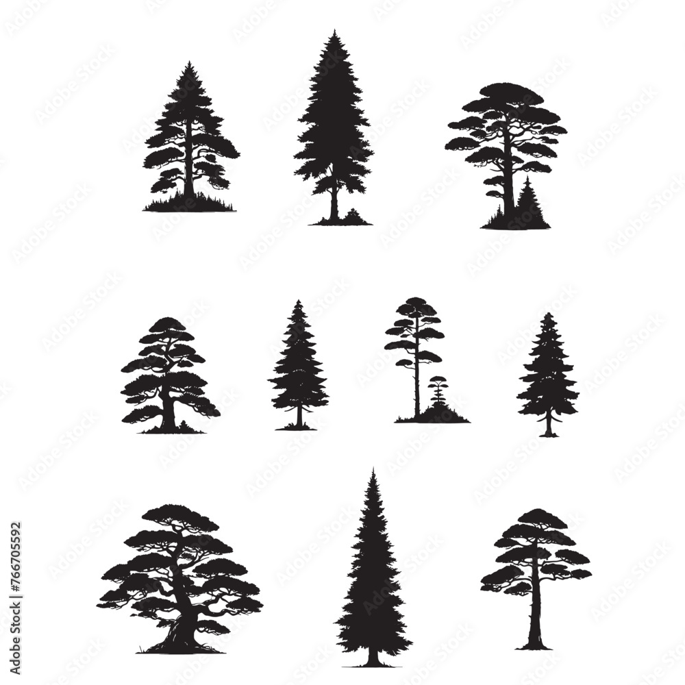 set of trees silhouettes on white