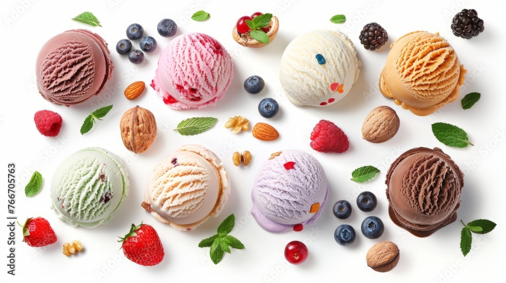 Set of ice cream scoops of different colors and flavours with berries, nuts and fruits decoration isolated on white background Set of ice cream scoops of different colors and flavours with berries, nuts and fruits decoration isolated on white background
