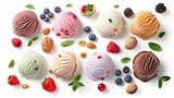 Set of ice cream scoops of different colors and flavours with berries, nuts and fruits decoration isolated on white background