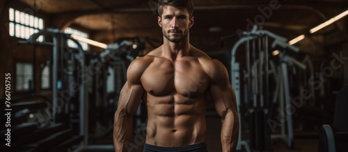 A bodybuilder with a muscular chest, toned abdomen, and strong thighs is standing shirtless in a gym, showcasing his impressive physique during a bodybuilding event