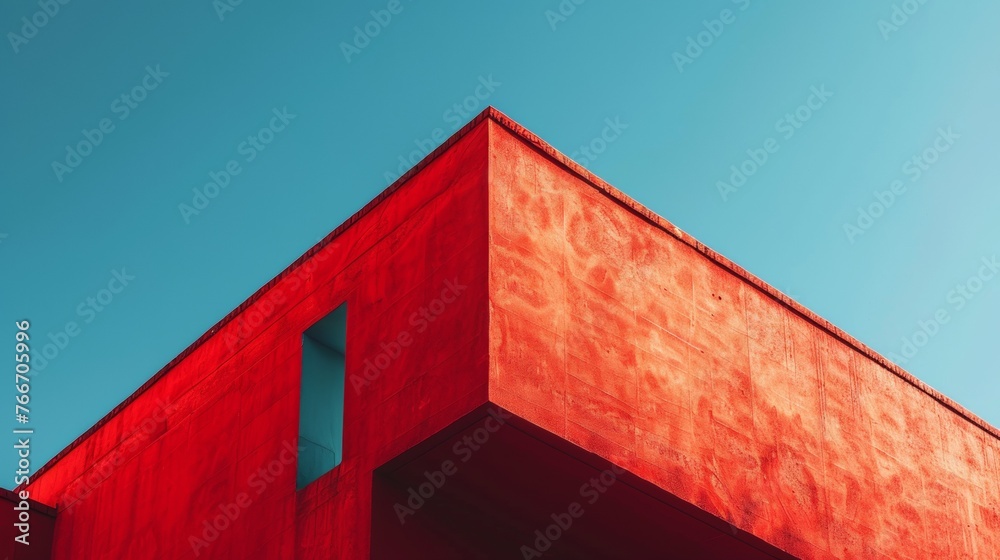 Fototapeta premium A red building with a clock on it's side against the sky, AI