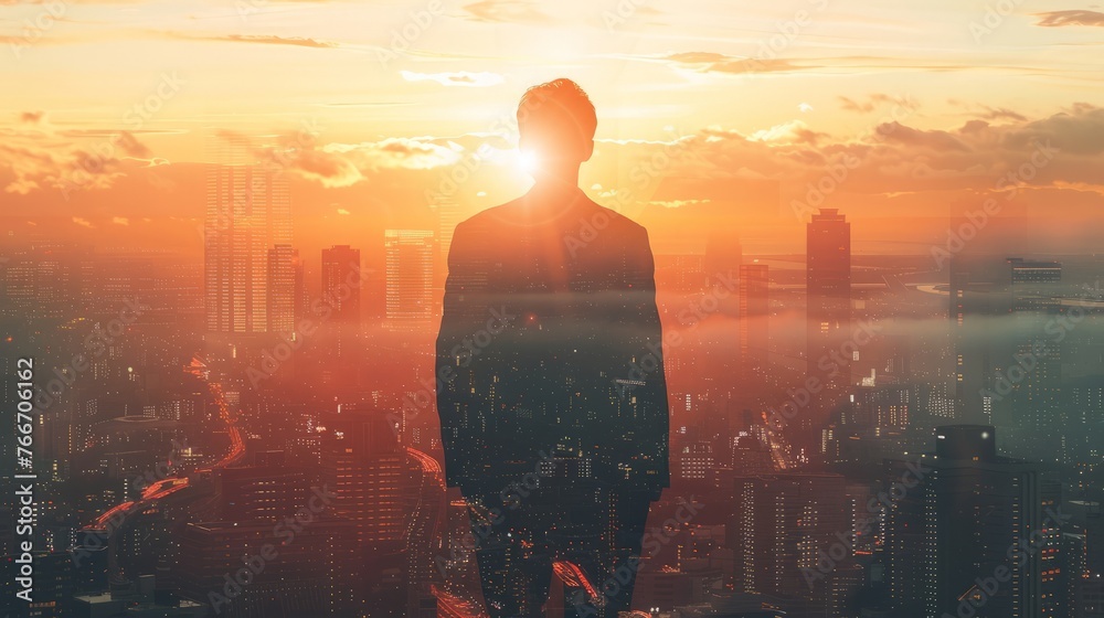 The double exposure image of the business man standing back during sunrise overlay with cityscape image.