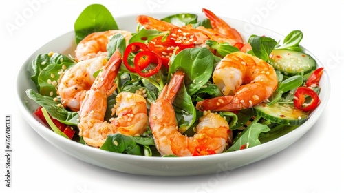 Thai Style spicy seafood salad with shrimps isolated on the white background with clipping path.