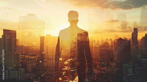 The double exposure image of the business man standing back during sunrise overlay with cityscape image.