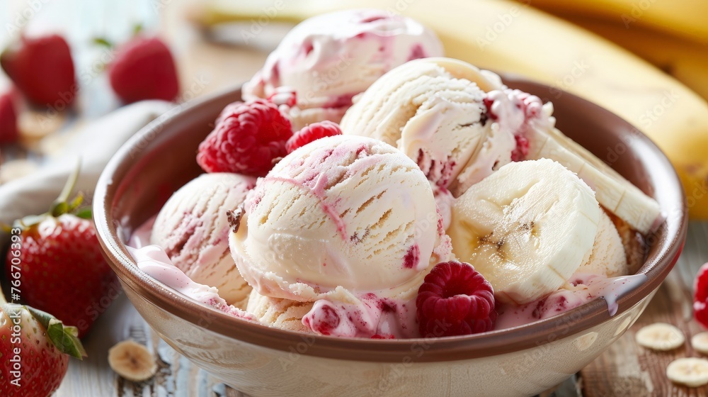 Banana split sundae ice cream in a bowl with strawberry and raspberry vanilla icecream scoops Banana split sundae ice cream in a bowl with strawberry and raspberry vanilla icecream scoops