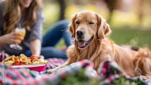 Two dogs sharing a picnic blanket and a plate of snacks while their owners sit nearby and enjoy a meal together.