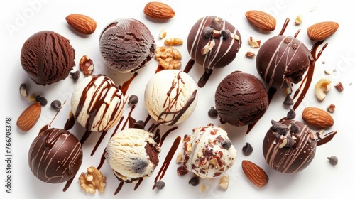 various ice cream balls with chocolate sauce and nuts isolated on white background,