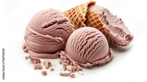 Chocolate ice cream strawberry ice cream vanilla ice cream scoop with cone isolated on white background.