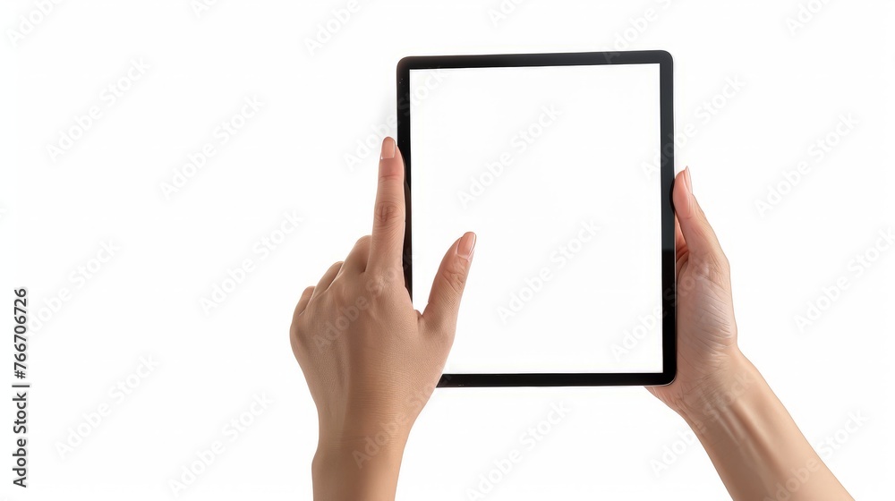 Close-up woman of Left hand held, right hand use finger touches with digital tablet white screen isolated on white background. Close-up woman of Left hand held, right hand use finger touches with digital tablet white screen isolated on white background.