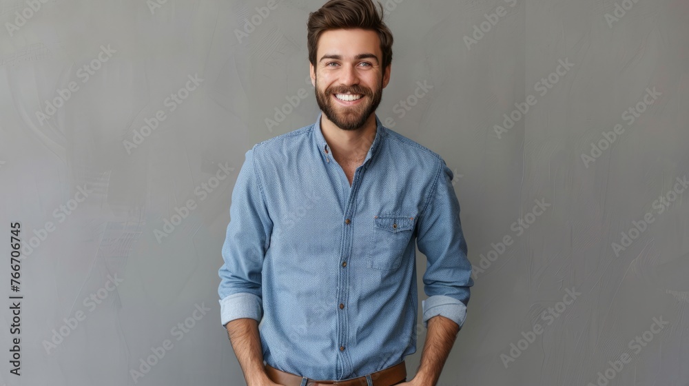 Obraz premium Confidence and business concept. Portrait of charming successful young entrepreneur in blue-collar shirt,