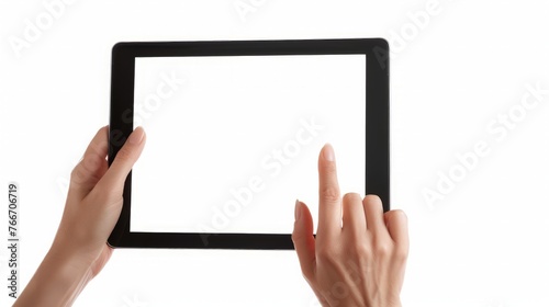 Close-up woman of Left hand held, right hand use finger touches with digital tablet white screen isolated on white background.