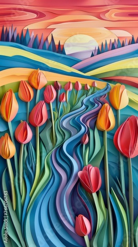 Spring Tulips Tulip Flower Flower Holland Windmill Sunrise Sunset Landscape Paper Cut Phone Wallpaper Background Illustration	
