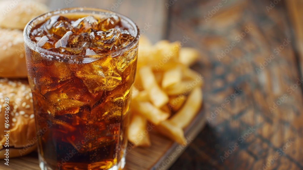 fast food and unhealthy eating concept close up of fast food snacks and cola drink on wooden table fast food and unhealthy eating concept close up of fast food snacks and cola drink on wooden table