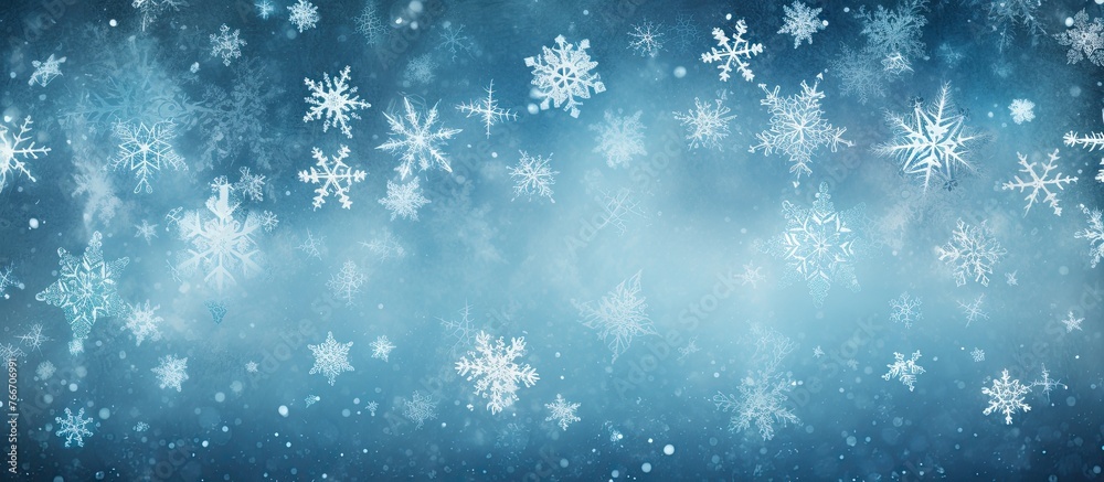 Electric blue snowflakes are falling on an azure natural landscape, creating a mesmerizing pattern against the cloudy sky. The event transforms the landscape into a winter wonderland Electric blue snowflakes are falling on an azure natural landscape, creating a mesmerizing pattern against the cloudy sky. The event transforms the landscape into a winter wonderland