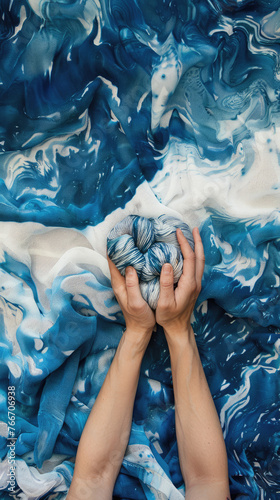A person holding blue and white yarns, in the style of soft pastel photography, in the background is indigo dyed fabric © Sattawat