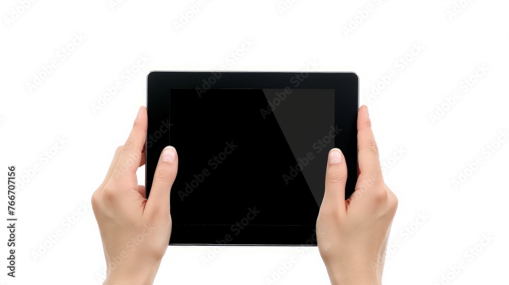 Hands touching black tablet screen, isolated on white background Hands touching black tablet screen, isolated on white background