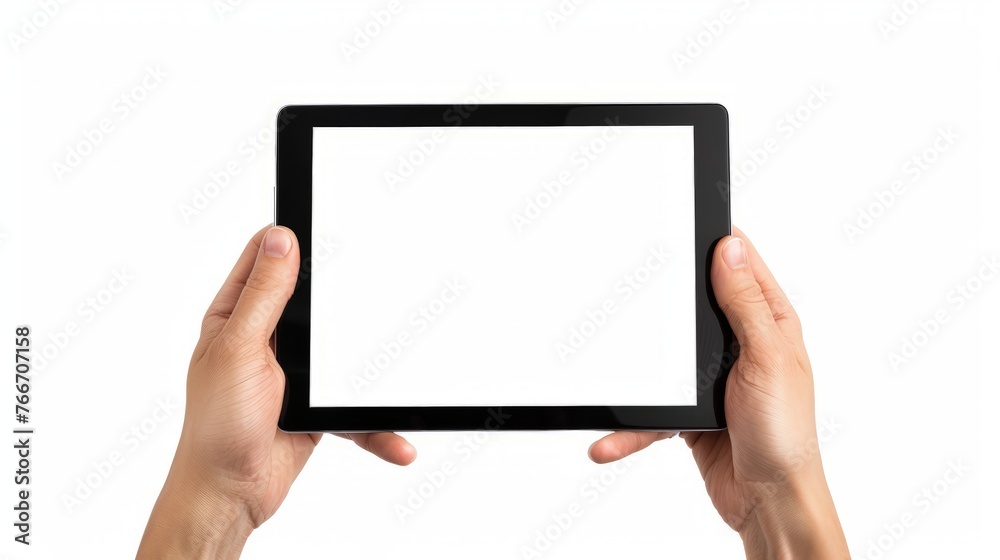 Hands with blank black tablet, isolated on white background Hands with blank black tablet, isolated on white background