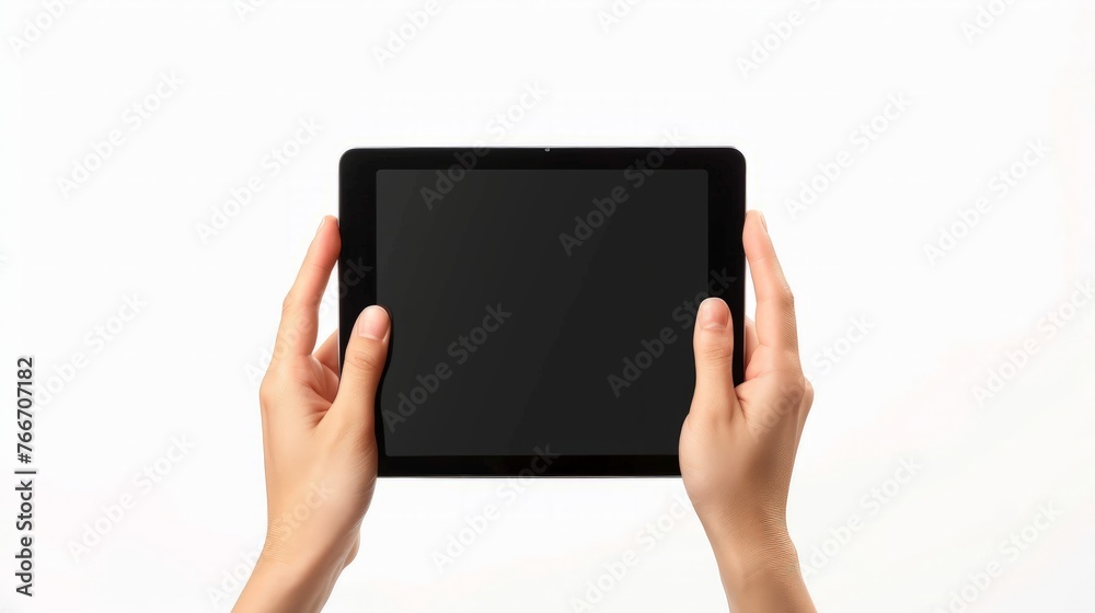 Hands with blank black tablet, isolated on white background Hands with blank black tablet, isolated on white background