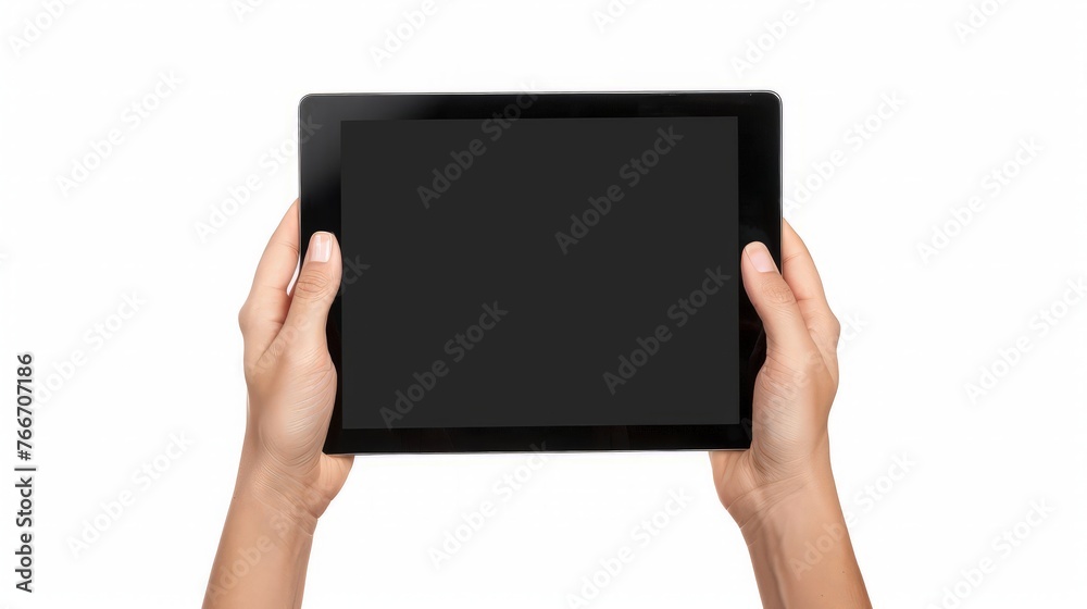Hands with blank black tablet, isolated on white background Hands with blank black tablet, isolated on white background