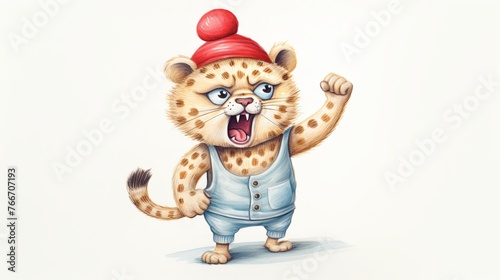 Cheetah letting out a high-pitched roar, gnome always wears a hat over his eyes, watercolor, chubby cute cartoon photo
