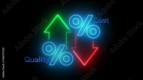 Quality control and company cost reduction. Cost and quality control concept. Successful organization strategy and management. Percentage icon of quality with up arrow and cost with down arrow. photo