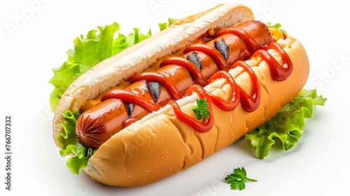 Hot dog - grilled sausage in a bun with sauces isolated on white background.