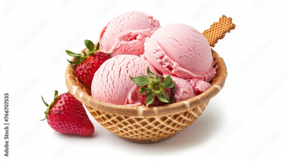 Ice cream scoops ice cream in bowl strawberry ice cream with wafer stick in waffle bowl isolated on white background Ice cream scoops ice cream in bowl strawberry ice cream with wafer stick in waffle bowl isolated on white background
