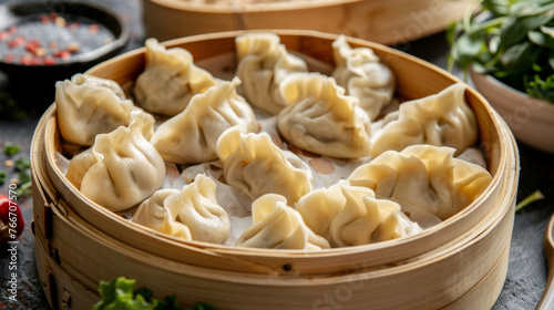 A wooden container full of dumplings sits atop a table.