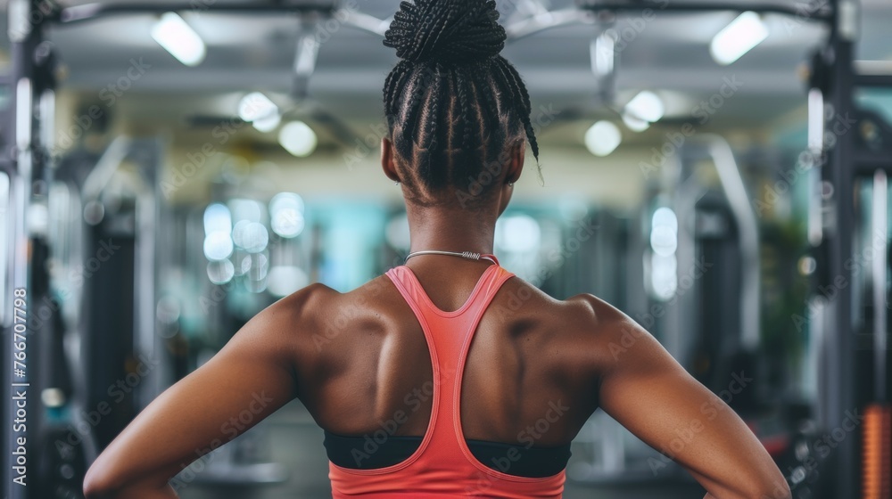 Fototapeta premium A woman in a gym with her back to the camera, AI
