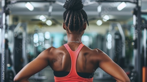 A woman in a gym with her back to the camera, AI