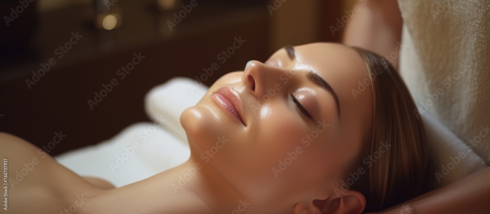 A woman is enjoying a relaxing head massage at the spa, feeling the tension melt away from her nose, cheeks, jaw, and ears as the therapists skilled thumbs work their magic A woman is enjoying a relaxing head massage at the spa, feeling the tension melt away from her nose, cheeks, jaw, and ears as the therapists skilled thumbs work their magic