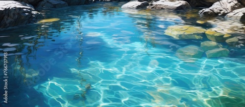 A serene pool reflects clear water with scattered rocks against a backdrop of rocky formations
