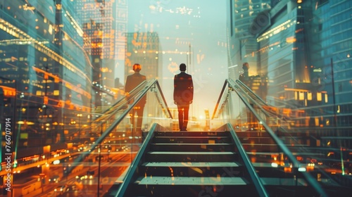 Rear view of a businessman climbing stairs to get to a large city center. Concept of success and appreciation. photo