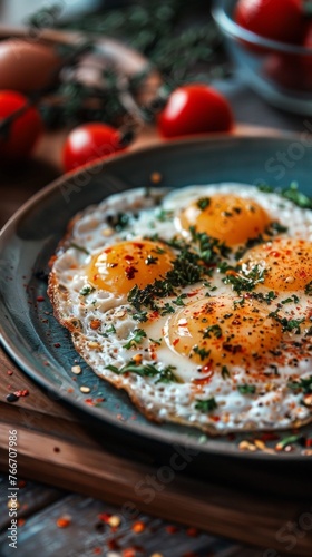 A plate of eggs with tomatoes and herbs on a table, AI