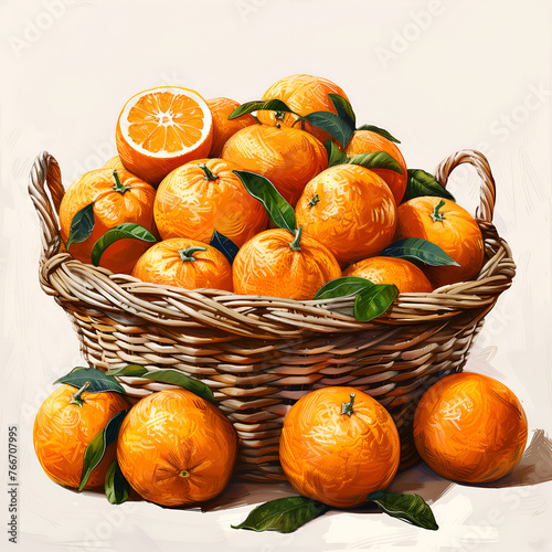 basket with oranges on white