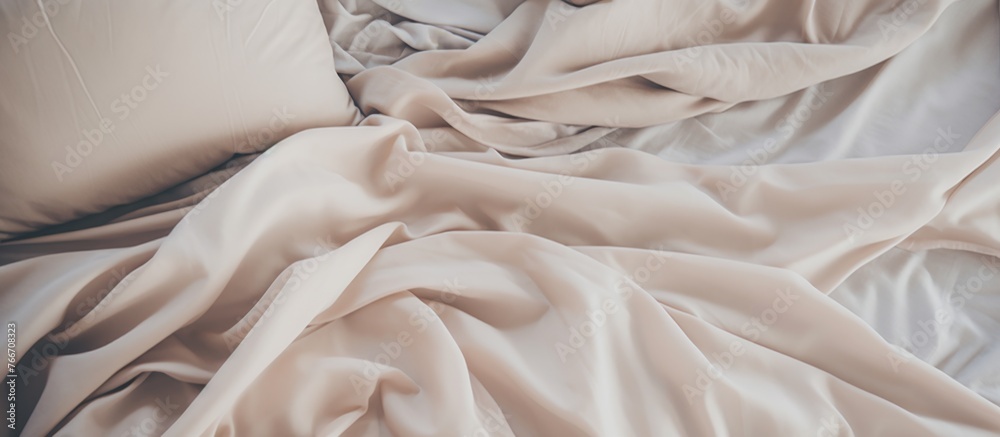 A closeup of a piece of fabric on a bed, showcasing intricate carving and relief artwork. The soft fur and linen contrast with the wood bed frame, creating a tactile and visual gesture of artistry A closeup of a piece of fabric on a bed, showcasing intricate carving and relief artwork. The soft fur and linen contrast with the wood bed frame, creating a tactile and visual gesture of artistry