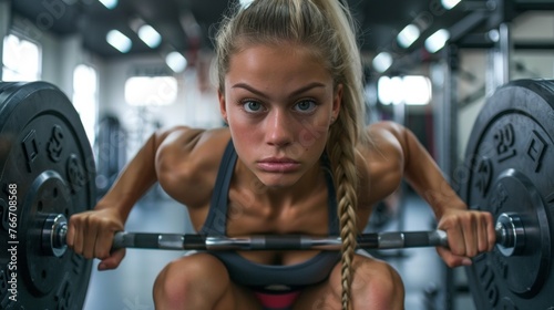 A woman squatting with a barbell in the gym, AI