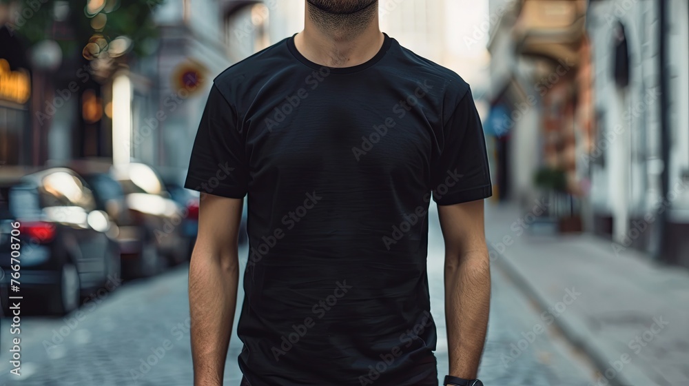 Man in black empty t-shirt mock up wallpaper background Man in black empty t-shirt mock up wallpaper background