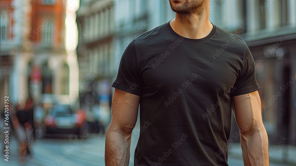 Man in black empty t-shirt mock up wallpaper background Man in black empty t-shirt mock up wallpaper background