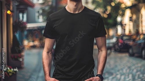 Man in black empty t-shirt mock up wallpaper background