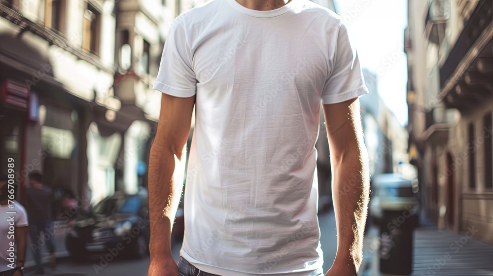 Man in white empty t-shirt mock up wallpaper background Man in white empty t-shirt mock up wallpaper background