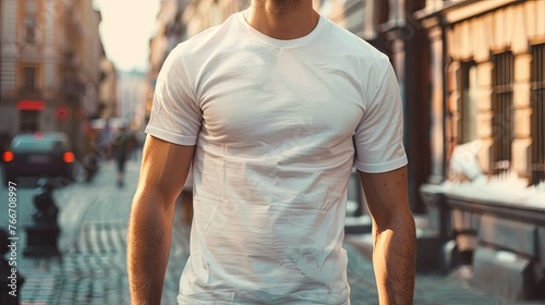 Man in white empty t-shirt mock up wallpaper background