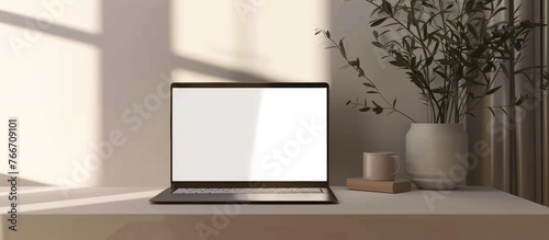 Workspace containing a laptop computer with a blank screen mockup.