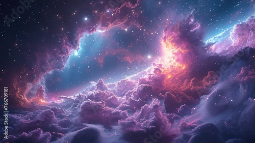 Dreamy cosmic cloudscape with nebulae - An awe-inspiring cosmic cloudscape featuring nebulae and stars, evoking mystery and the universe’s beauty