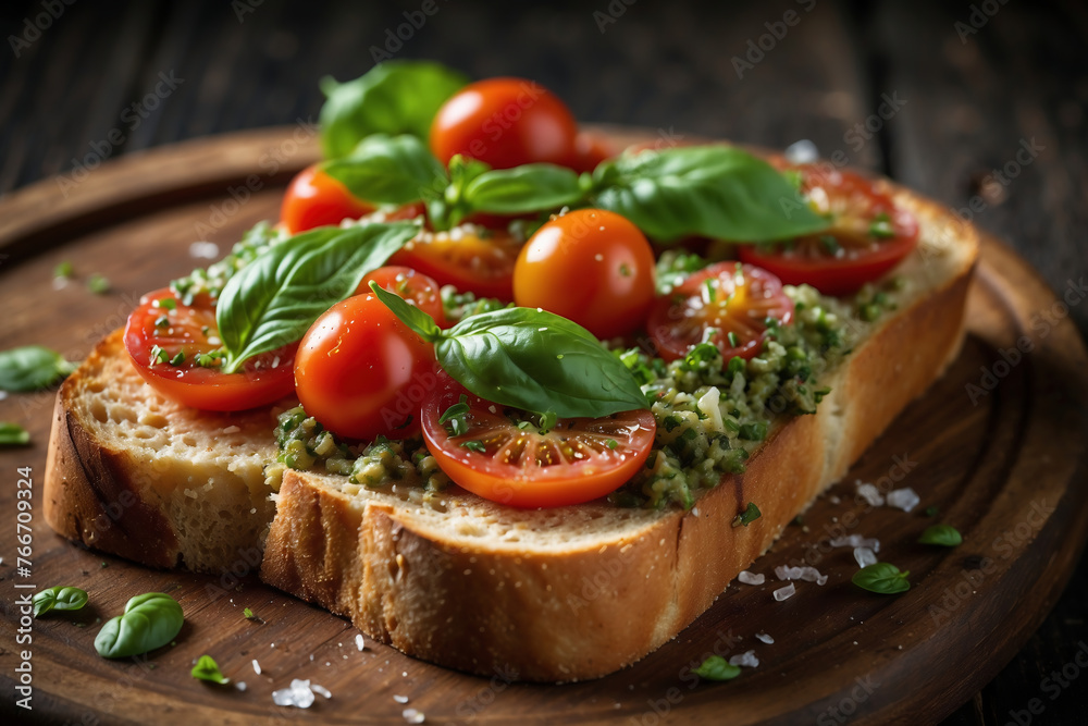 Frische Bruschetta mit Pesto Genovese und Kirschtomaten auf Holzbrett