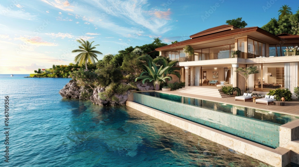 Luxury Vacation Homes Cinematic depictions of luxurious vacation homes in exotic destinations offering opulent interiors privat AI generated illustration